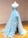 Light Sky Blue Tulle Strapless Long Prom Dresses With Hand-make Flowers MP38