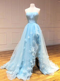 Light Sky Blue Tulle Strapless Long Prom Dresses With Hand-make Flowers MP38