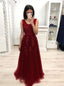 A-line V-neck Burgundy Long Bridesmaid Dresses Appliques Tulle Prom Dresses MP43