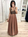 A-line V-neck Satin Long Prom Dresses Formal Gown With Beading MP45