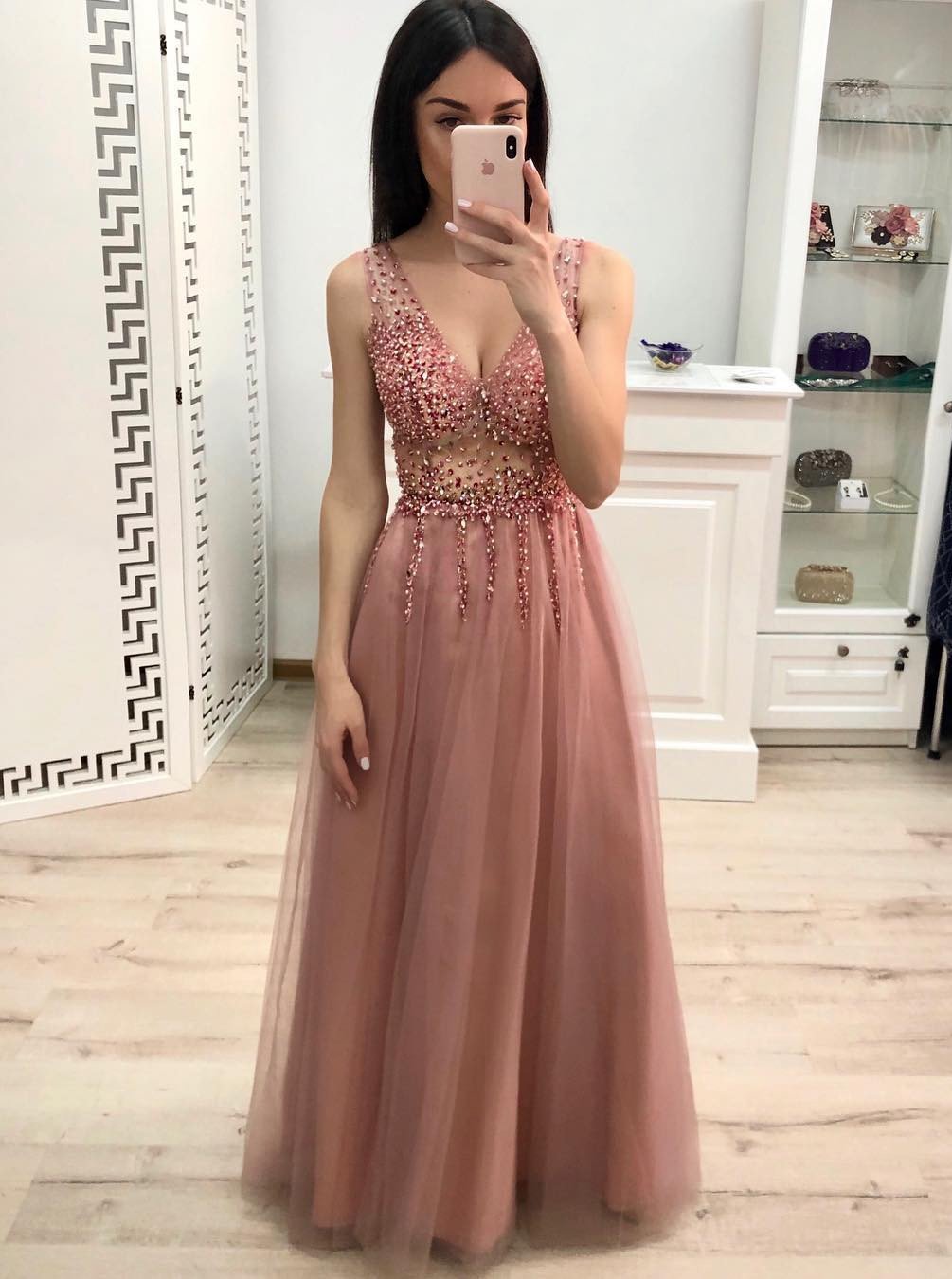 Sparkle Skin Pink A-line V-neck Beading Long Prom Party Dresses MP47