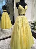 A-line V-Neck Daffodil Two Piece Long Prom Dresses with Applique Beaded MP31