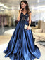Elegant A-line V-neck Navy Blue Prom Evening Dresses with Satin Skirt MP27