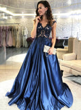 Elegant A-line V-neck Navy Blue Prom Evening Dresses with Satin Skirt MP27