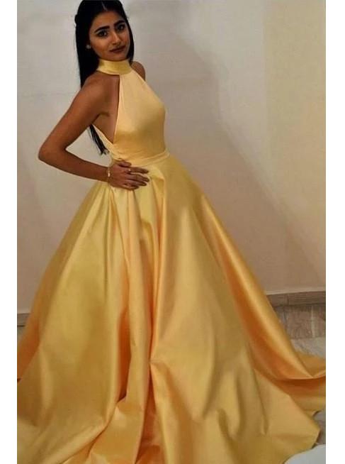 Simple Halter Yellow Long Prom Dresses, Satin Formal Gown MP25
