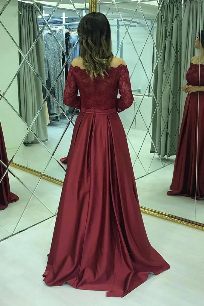 Modest Lace Long Sleeves Satin Burgundy Prom Evening Dresses MP65