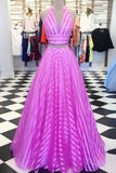 elegant two piece halter v neck striped long backless prom dress