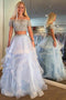 Off-Shoulder Short Sleeve Two Piece Light Blue Prom Dress With Beading MP749