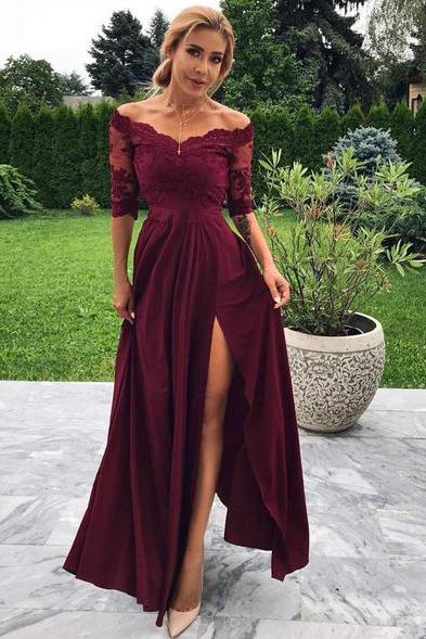 off shoulder 1 2 sleeves burgundy prom dress a line party gown with slit
