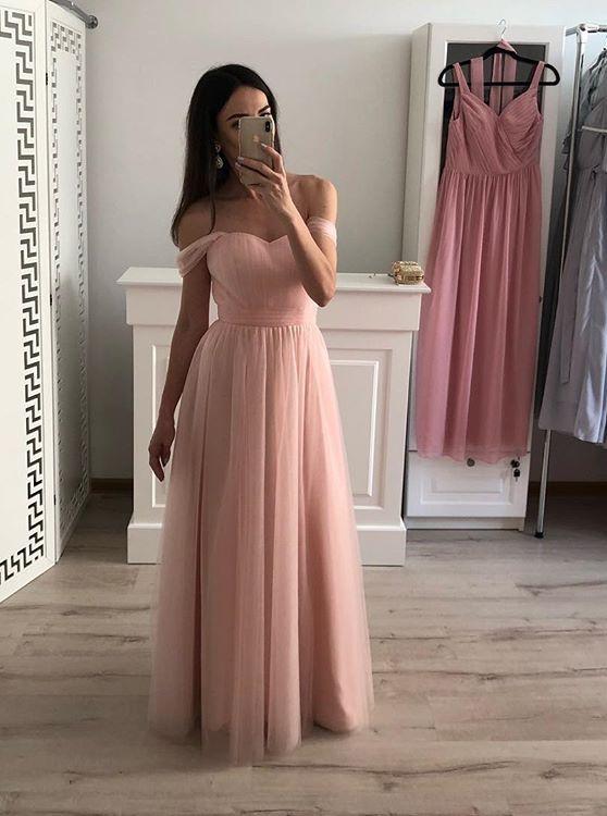 off shoulder chiffon long prom gown pink bridesmaid dresses