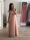 off shoulder chiffon long prom gown pink bridesmaid dresses mp809
