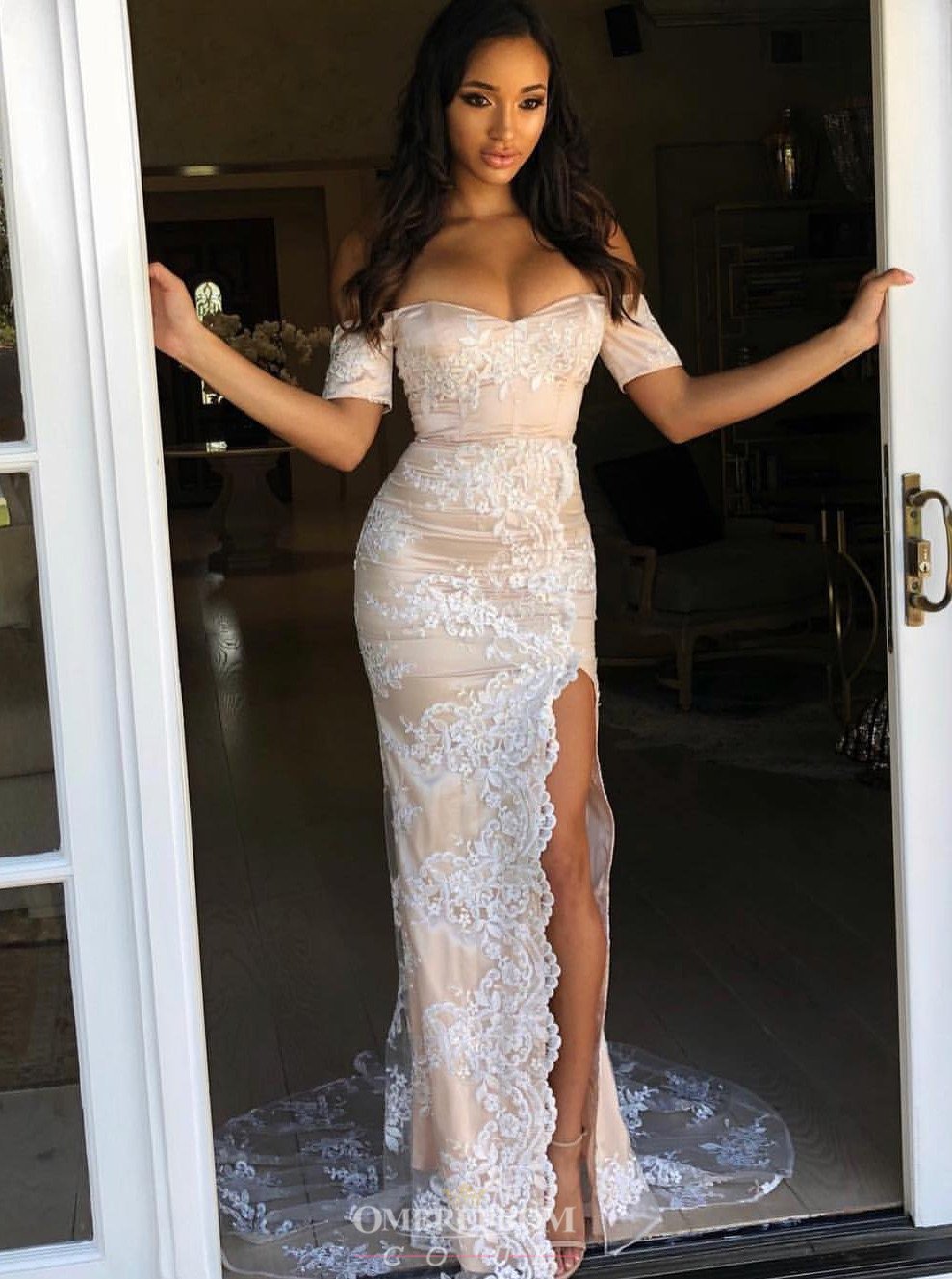 sheath long prom dress with short sleeves off shoulder evening gown with slit