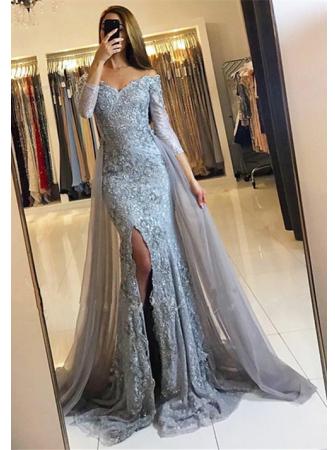 off the shoulder mermaid lace appliques split overskirt prom dress with long sleeves