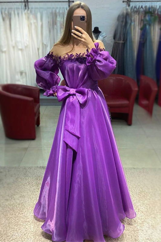 off shoulder long sleeves purple long prom dress with bowknot