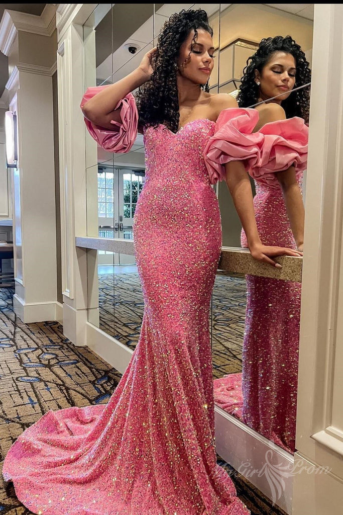 pink off the shoulder puff sleeves sequins long prom dress mermaid evening gown