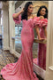 Pink Off-the-Shoulder Puff Sleeves Sequins Long Prom Dress, Mermaid Evening Gown GP463