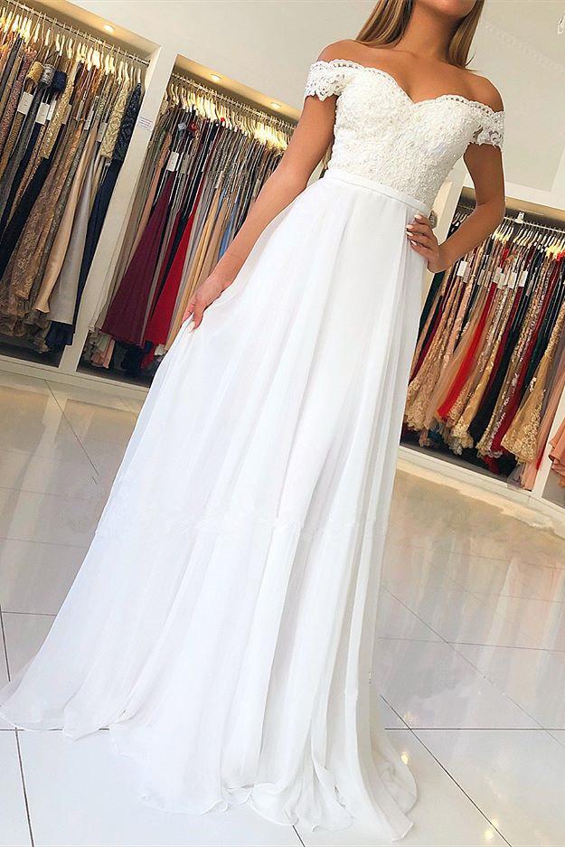 Off-the-Shoulder Chiffon Long Prom Dress With Beading Appliqued MP330
