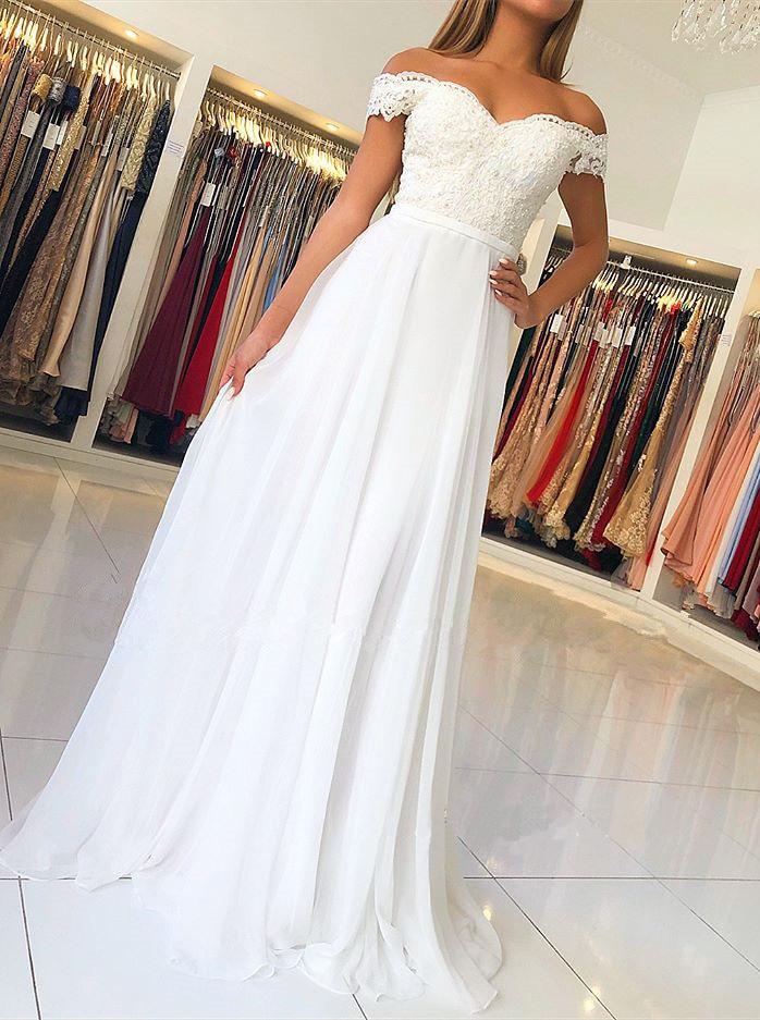 off the shoulder chiffon long prom dress with beading appliqued