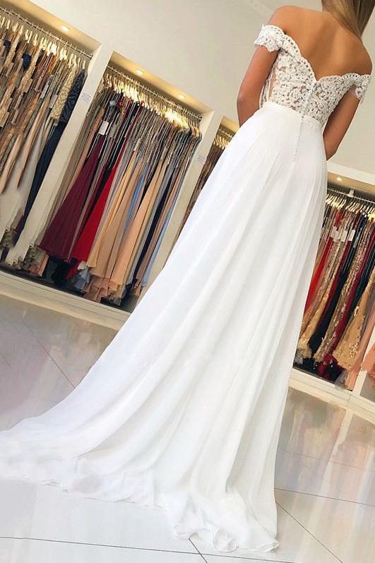 off the shoulder chiffon long prom dress with beading appliqued