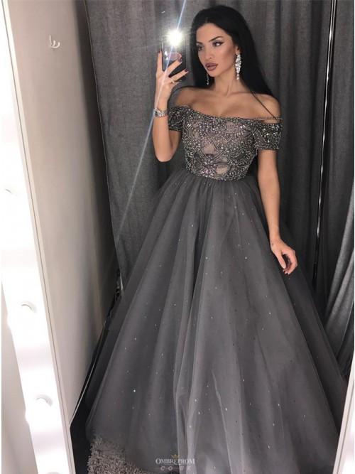 off the shoulder grey tulle beaded sleeves long prom dress