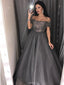 Off-the-Shoulder Grey Tulle Beaded Sleeves Long Prom Dress MP779