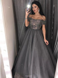 off the shoulder grey tulle beaded sleeves long prom dress mp779