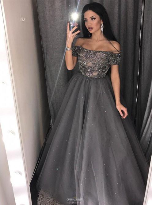 off the shoulder grey tulle beaded sleeves long prom dress