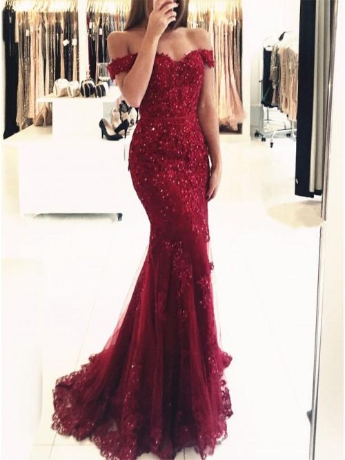 off the shoulder mermaid tulle beaded burgundy prom evening dress