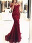 Off-the-Shoulder Mermaid Tulle Beaded Burgundy Prom Evening Dress MP871