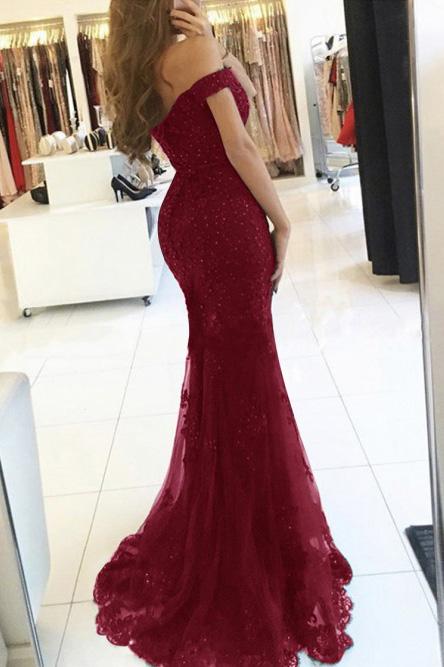 off the shoulder mermaid tulle beaded burgundy prom evening dress