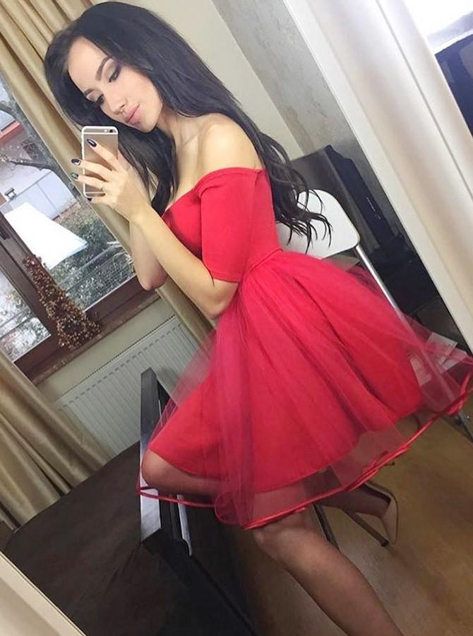 elegant off the shoulder short tulle red homecoming party dress