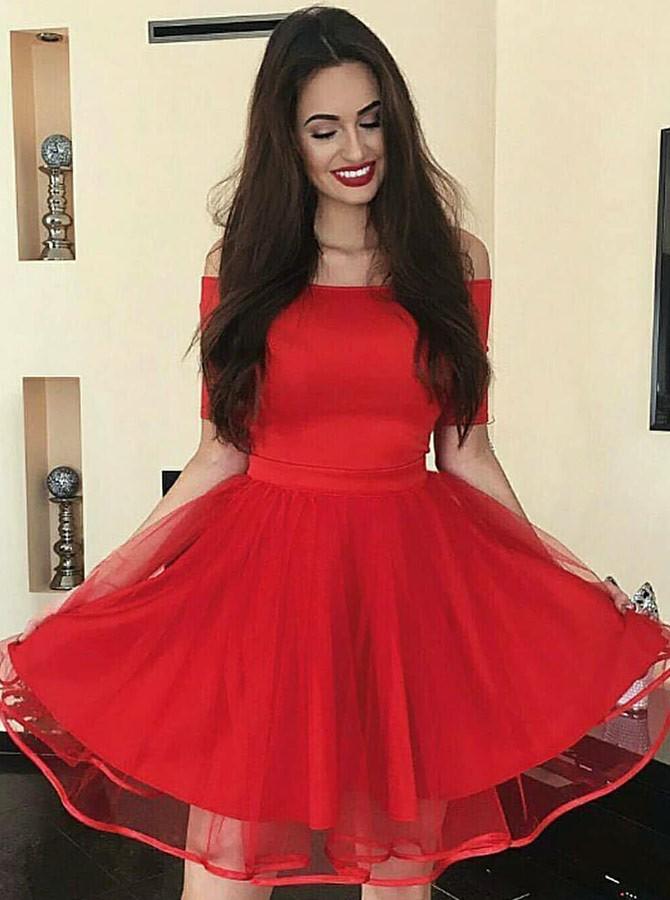 elegant off the shoulder short tulle red homecoming party dress