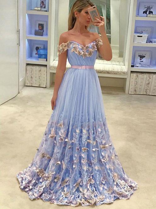 off the shoulder tulle butterfly appliques long prom dresses
