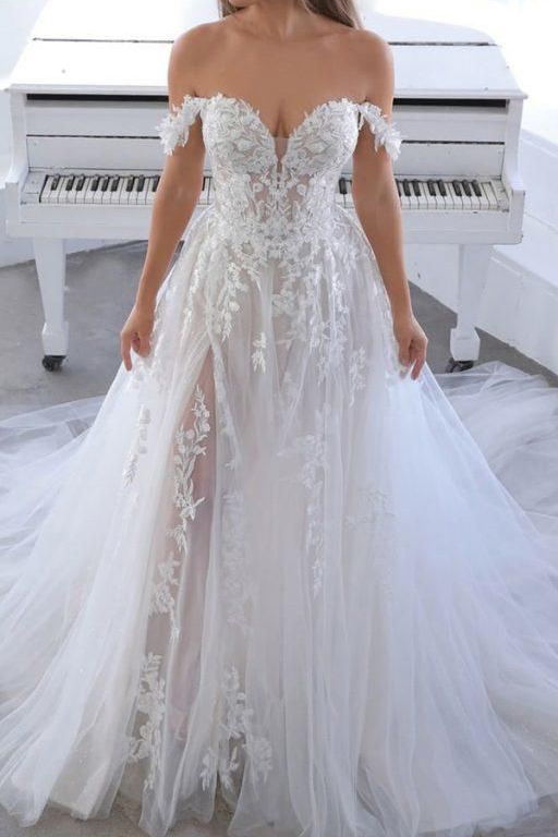 off shoulder a line boho lace applique tulle wedding dress with slit