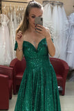 sparkly green sequins long prom dress off shoulder shiny evening gown