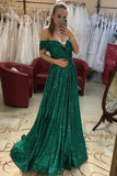 sparkly green sequins long prom dress off shoulder shiny evening gown