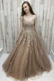 Princess Off Shoulder Champagne Lace Tulle Long Prom Dress, GP170