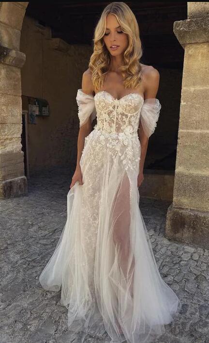 Off Shoulder Lace Appliques Tulle Beach Wedding Dresses, A-Line Bridal Dress PW488