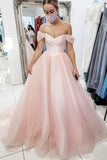 pink tulle princess long prom dress off the shoulder formal dress