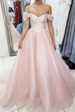 pink tulle princess long prom dress off the shoulder formal dress