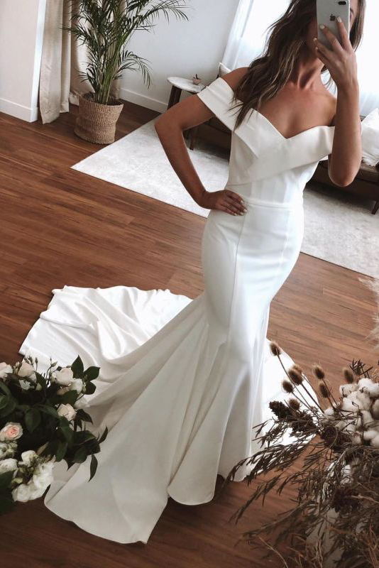 Off The Shoulder Simple Mermaid Wedding Dress, Elegant Bridal Gown PW476