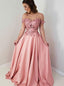 Off Shoulder Appliques Satin Long Prom Dress, Pink Formal Gown GP60