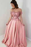 off shoulder appliques satin long prom dress pink formal gown