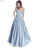 a line off the shoulder waist beaded satin long prom dresses