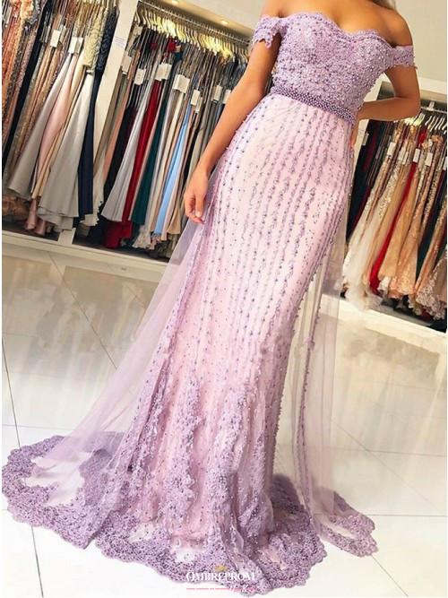 off shoulder tulle lace mermaid prom dress with beaded appliques