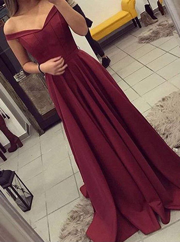 simple satin burgundy long prom dress a line formal evening gown