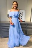 Off the Shoulder Chiffon A-line Long Prom Dresses, Blue Simple Formal Dress, GP191