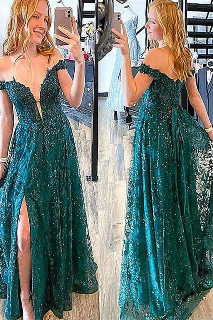 off the shoulder green lace floor length prom dresses with split