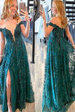 Off the Shoulder Green Lace Floor-Length Prom Dresses With Split, GP218
