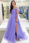 Off the Shoulder Tulle Long Prom Dress with Slit, Lilac Formal Evening Dress GP156